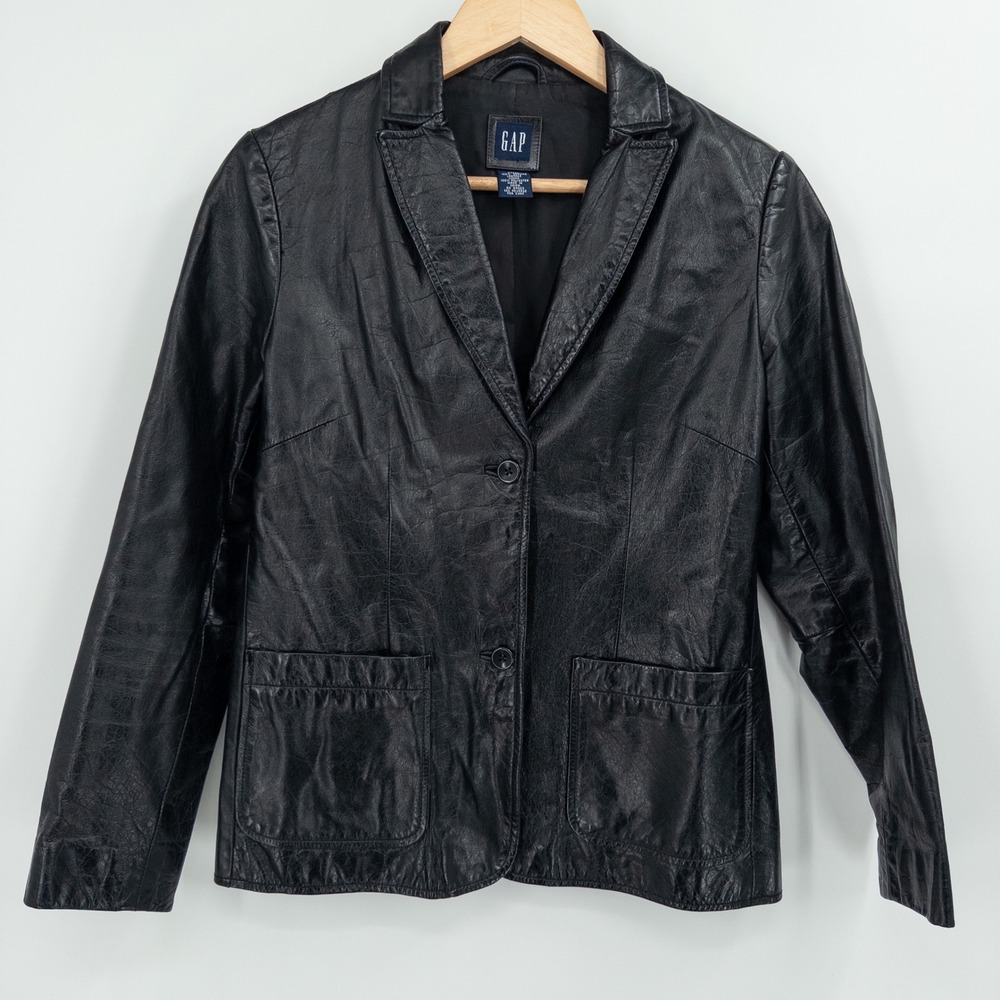 Vintage Y2K Gap Black Leather Jacket Womens XS 2000s 90s Mob Wife Minimalist‎